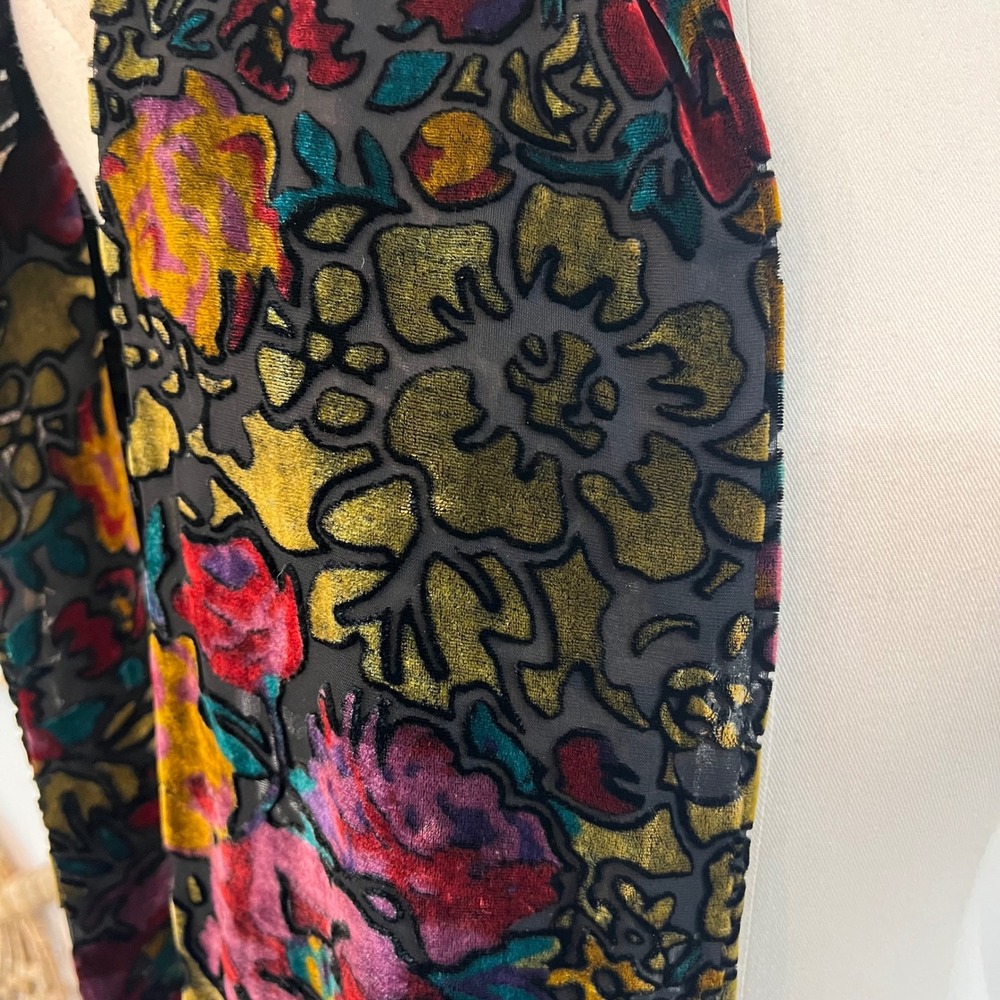 Vintage Burnout Velvet Floral Fringe Scarf Devoré Silk Blend Oblong Wrap Jewel - Picture 5 of 10